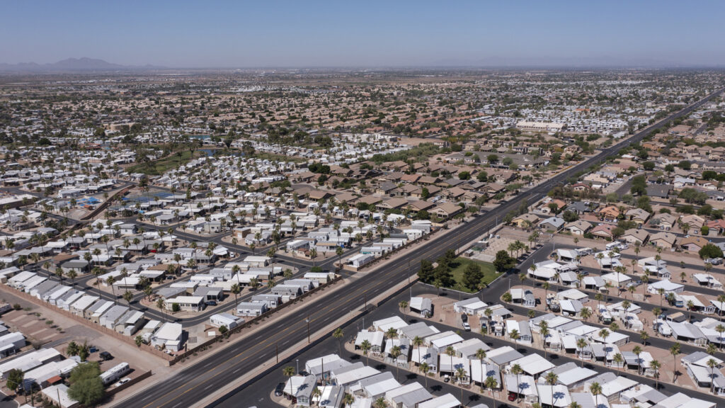 Afternoon aerial view of housing in Apache Junction, Arizona, USA.