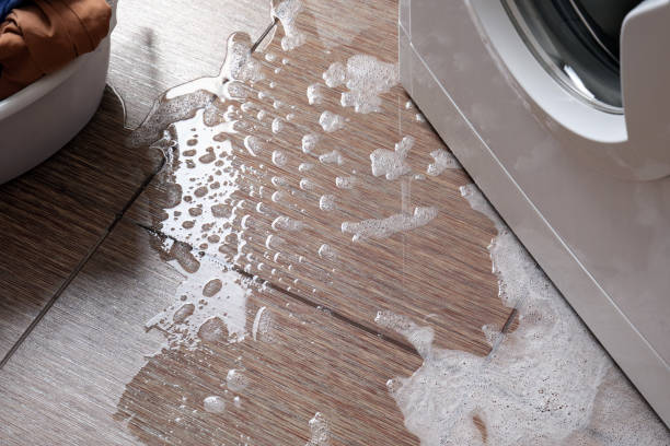 Breakdown of a household washing machine. Water with foam out onto the floor from below.