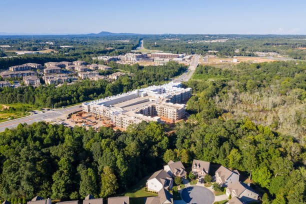 Aerial view new Mall construction in Atlanta suburbs next to highway