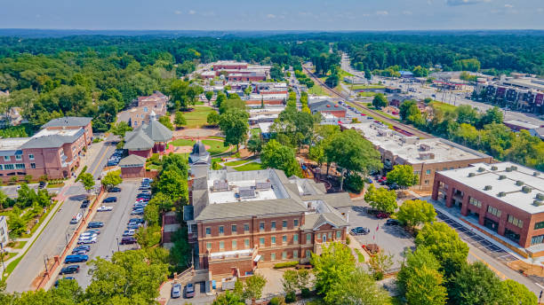 Aerial Drone view of the downtown area of Duluth, Ga.