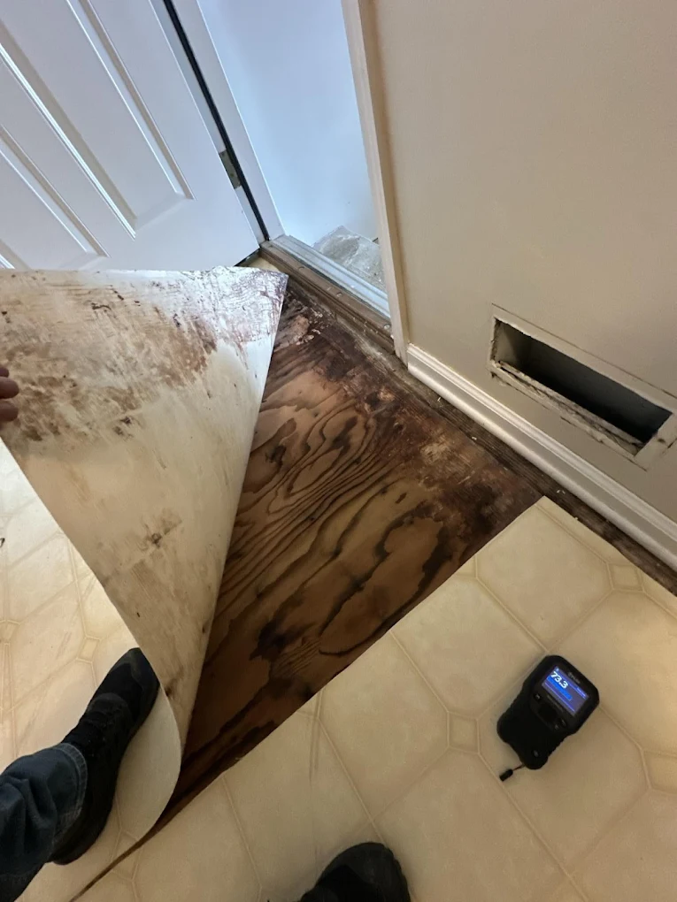 floor with water damage being pulled up