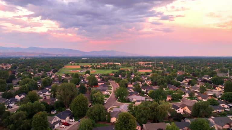 A drone point of view flying over a neighborhood in Meridian, Idaho