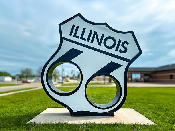 Large tourist landmark sign for the historic Route 66 in Litchfield, Illinois, USA. Litchfield served as a popular rest stop along the Mother Road and is home to the Route 66 Welcome Center.