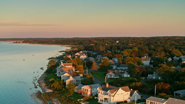 Drone shot of Cape Cod Bay at sunset on a sunny day in Fall, close to the town of Barnstable.