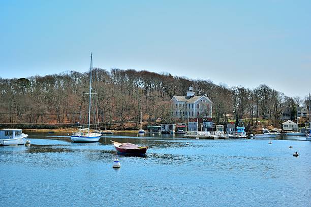 View of Woods Hole harbor and waterfront buildings, Cape Cod, Massachusetts, USA. The perfect getaway for North East USA.