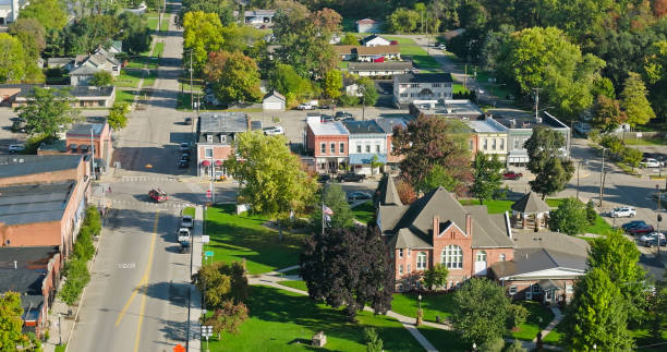 Aerial view of Stockbridge, a village in Ingham County in the U.S. state of Michigan, on a clear day in Fall.