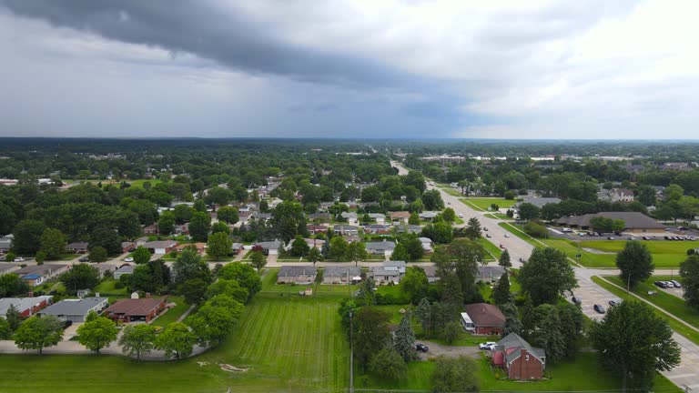 Aerial view of storm rolling in over Troy Michigan, USA
