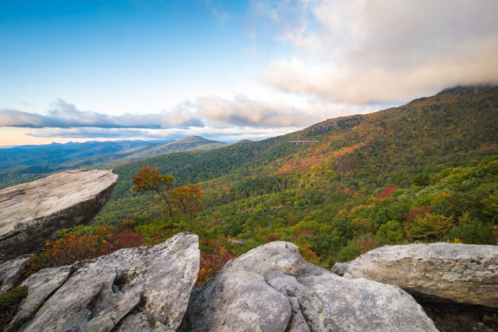 Sunrise from the Tanawha Trail at Rough Ridge. This view is looking towards the Linn Cove Viaduct in the Blue Ridge Mountains