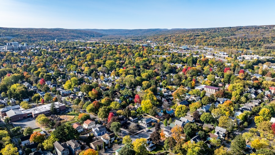 Afternoon aerial autumn image of buildings and streets in NY.