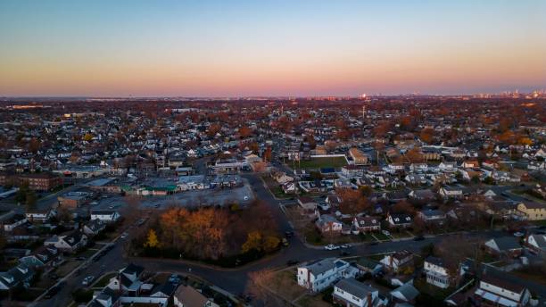 An aerial view of Long Island - a suburban neighborhood during a beautiful sunset