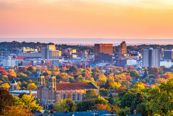 Syracuse, New York, USA downtown cityscape in autumn at dawn.