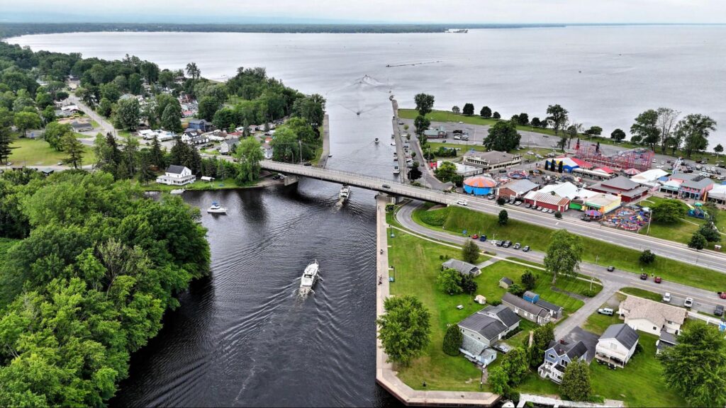 Utica aerial view with boats in the river