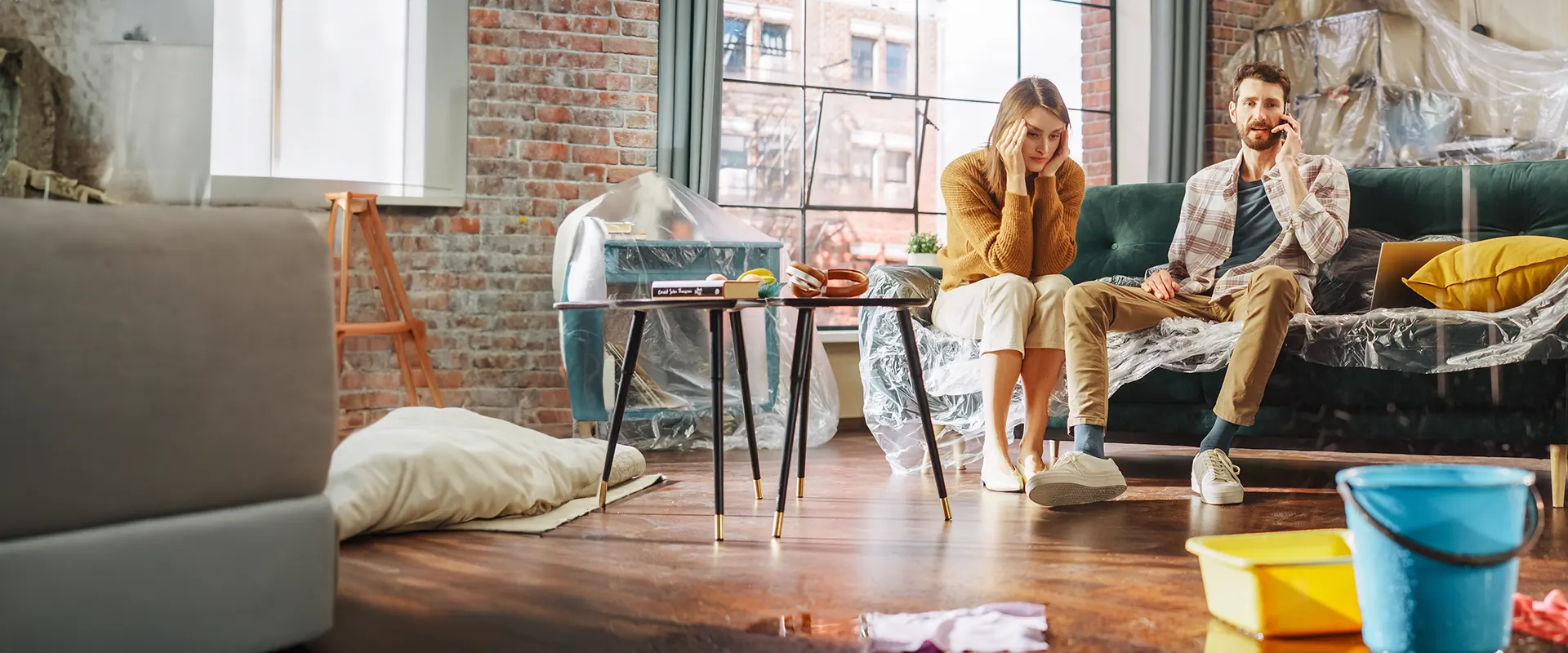 couple sitting in living room with leaking roof