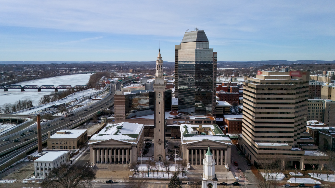 Aerial view of Springfield Massachusetts skyline and Connecticut River winter