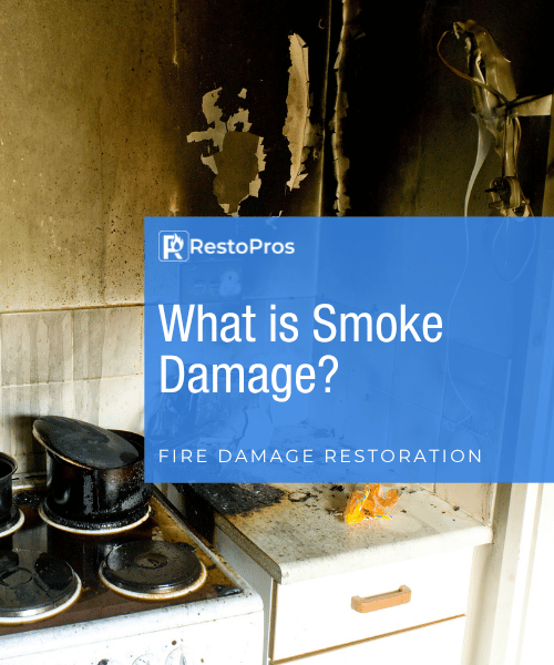 A blog title that reads what is smoke damage overlayed on an an image of a burned kitchen