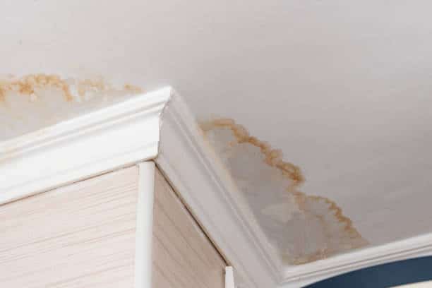 water leak, water-damaged ceiling, close-up of a stain on the ceiling.