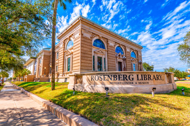 Galveston, United States - February 14, 2024: The only public library in Galveston, and the oldest public library in continuous operation in the state of Texas, The Rosenberg Library was dedicated in 1904. It contains a museum, a children's' library, and a computer lab and houses the Galveston and Texas History Center which started in 1871 with the local historical society.