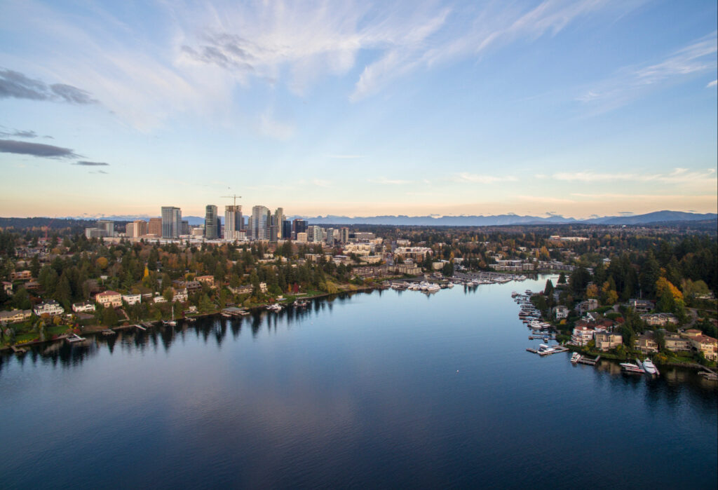 Bellevue Washington Cityscape and Meydenbauer Bay Aerial View