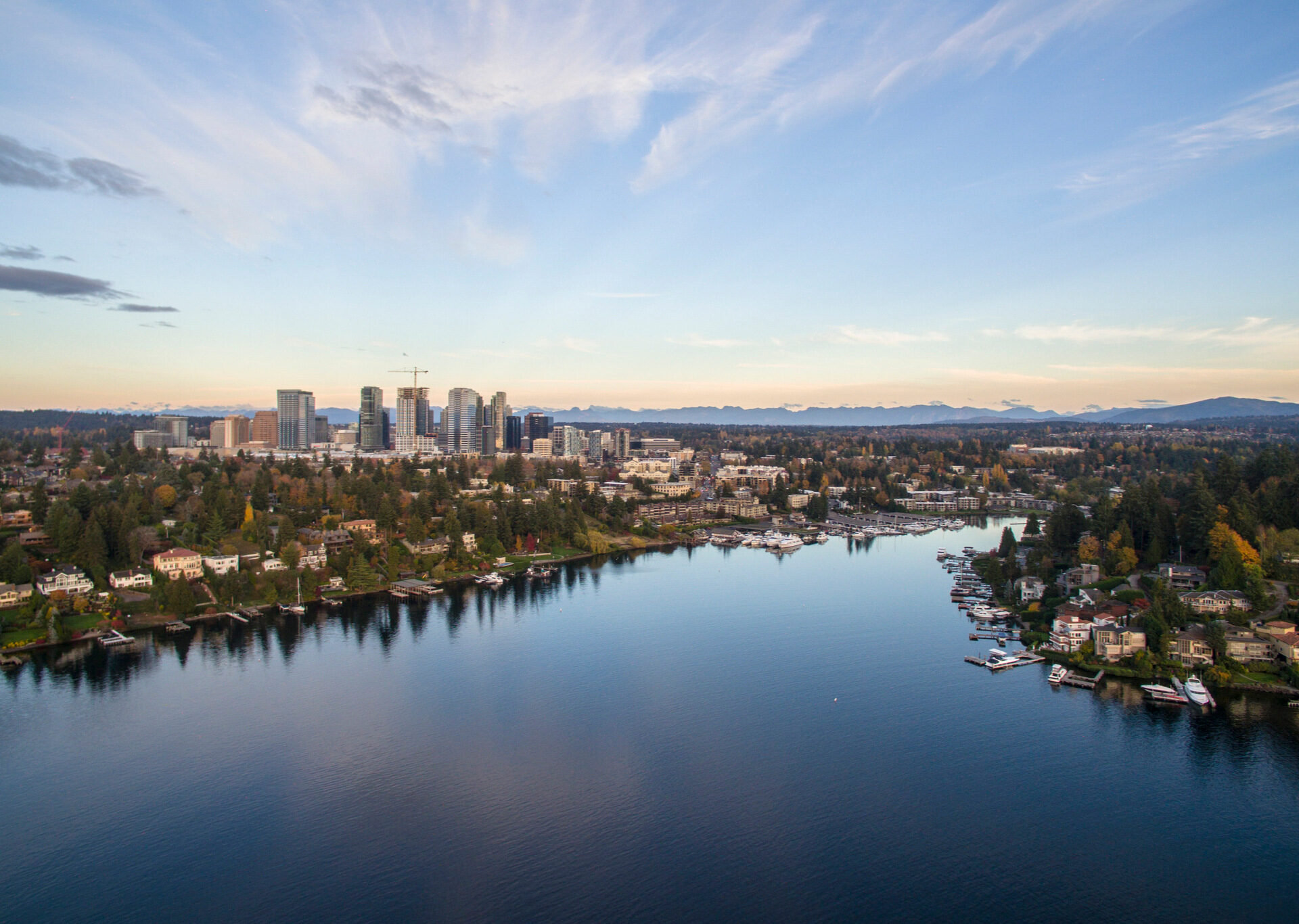 Bellevue Washington Cityscape and Meydenbauer Bay Aerial View