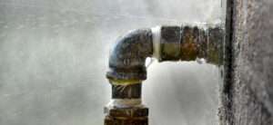 Old rusty pipe with leak and water spraying out