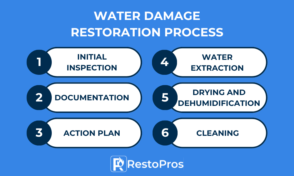 An infographic by RestoPros describing the water damage restoration process