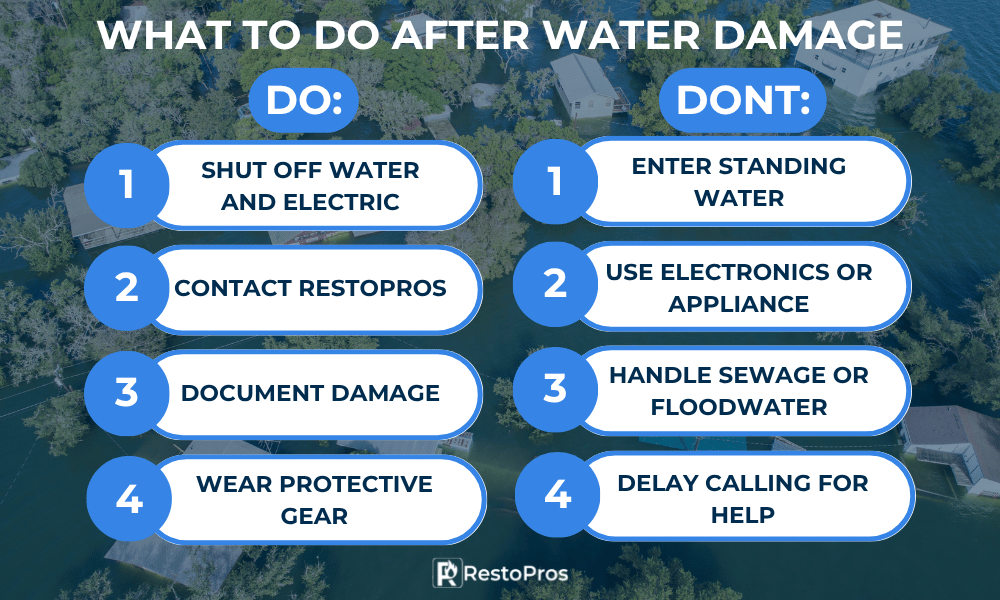 An infographic by RestoPros detailing what to do and not to do after water damage