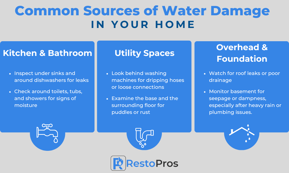 An infographic by RestoPros explaining the common sources of water damage.