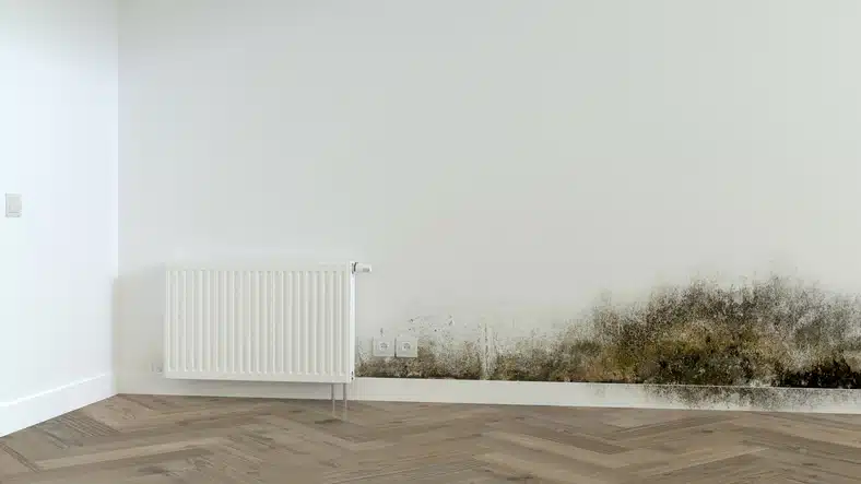 3D rendering of an apartment wall with mold damage and lots of copy space