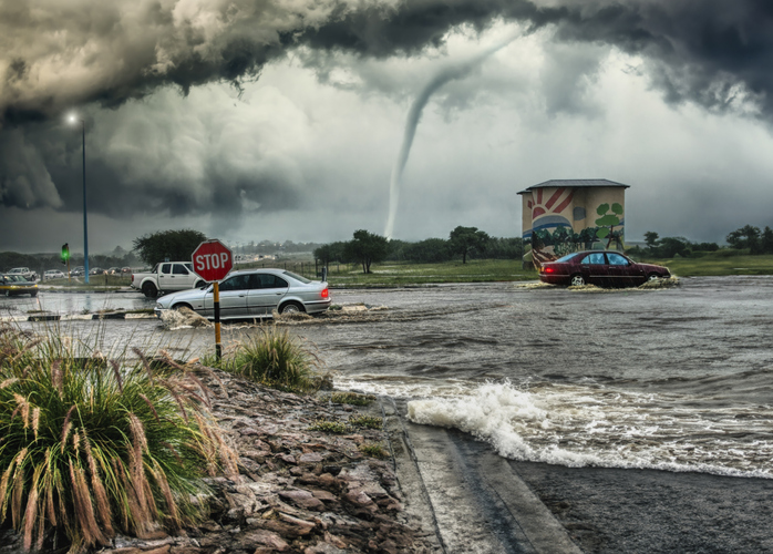 natural disasters global, hurricane with heavy winds and flood on streets, thunderstorm storm damage to car and infrastructure, California bad weather