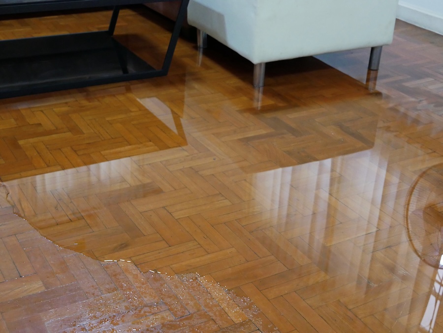 Water spreading / flooding on living room parquet floor in a house 