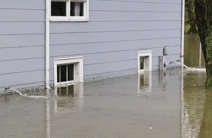Side of flooded suburban house with water being pumped out, April in northern Illinois