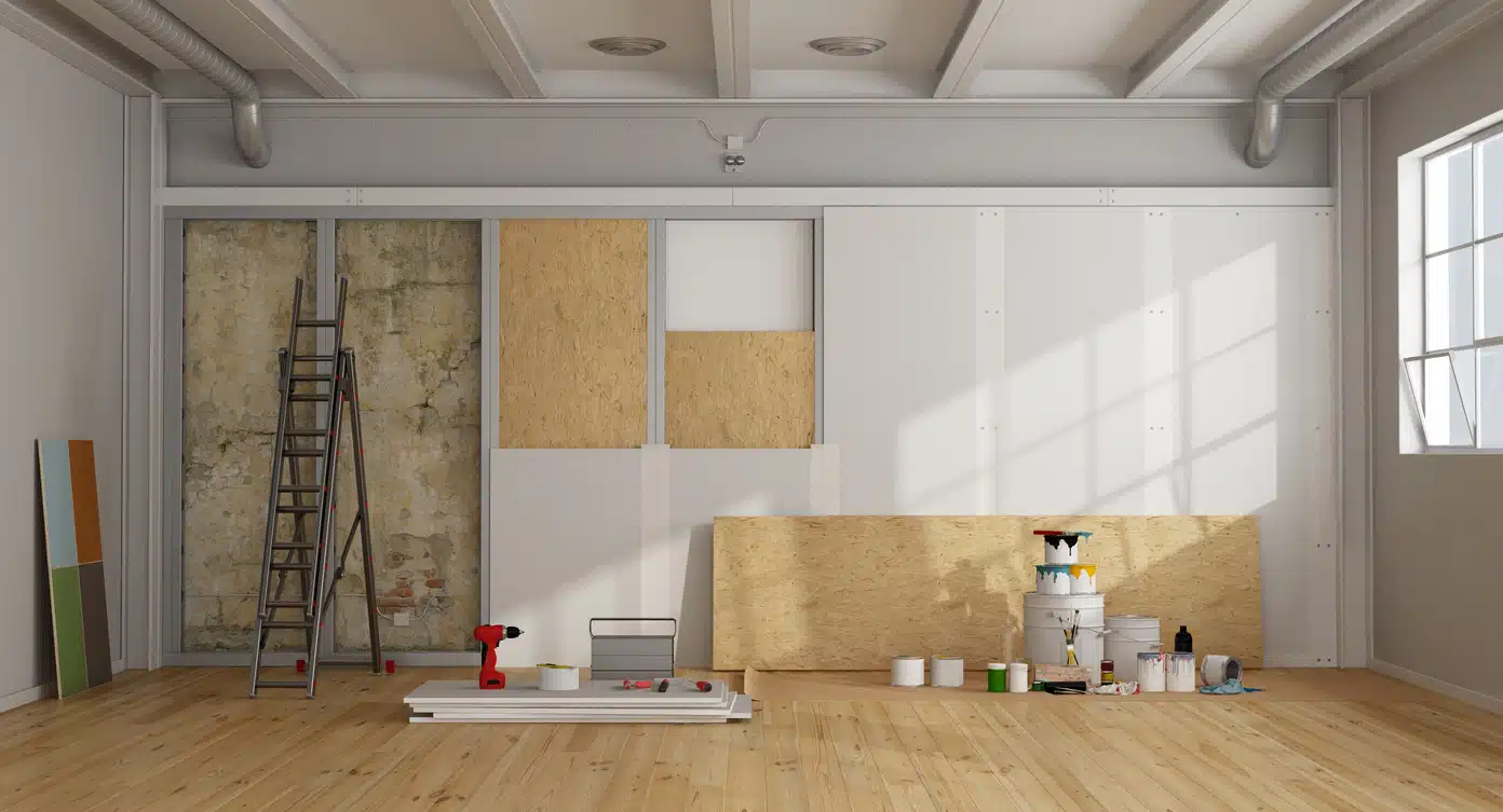 architectural restoration and insulation of an old wall in a loft and selection of the color swatch