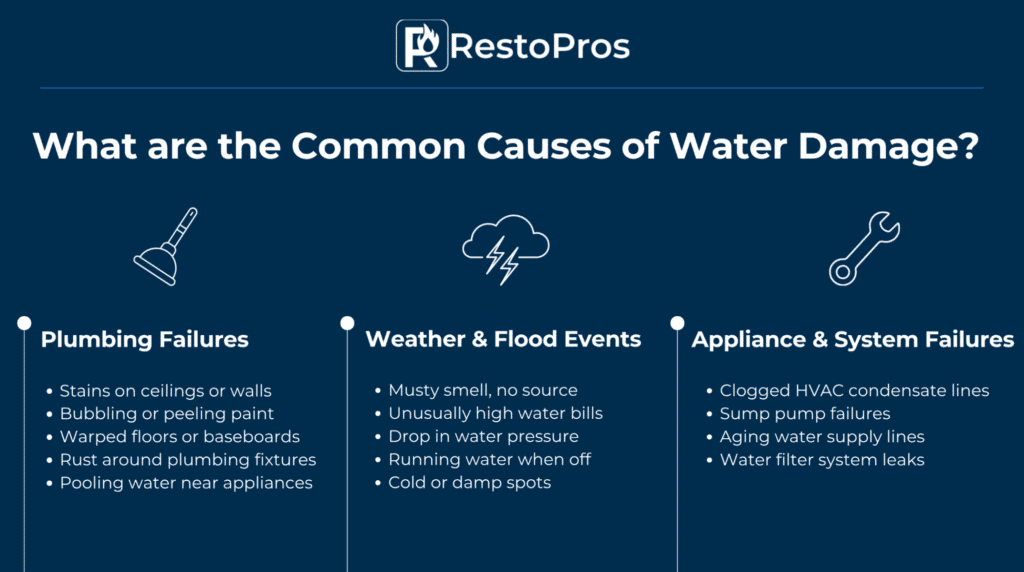 Infographic: WHat are the common causes of water damage? plumbing failures, weather & flood events, and appliance & system failures