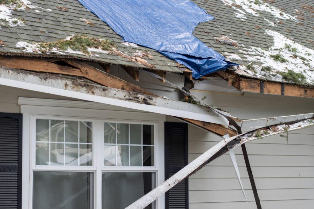 damage to roof and gutter after tree fell on roof