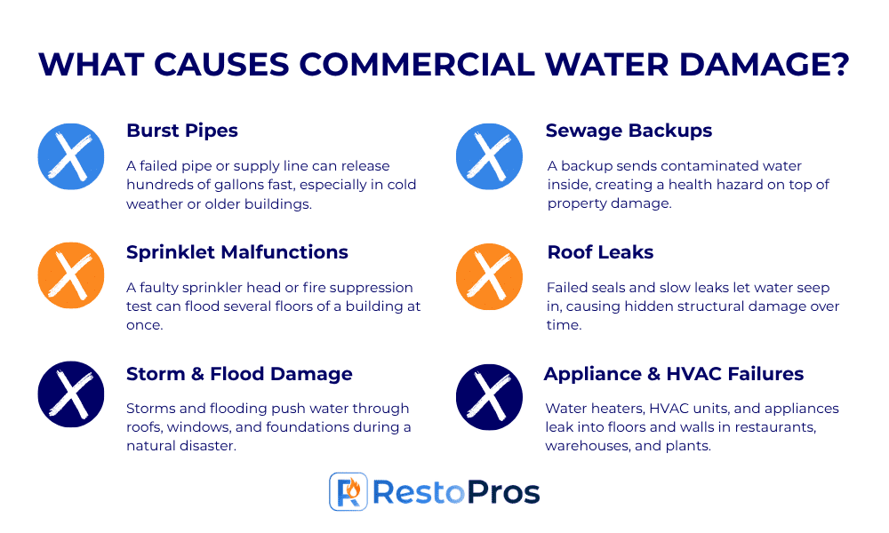 infographic showing the causes of commercial water damage