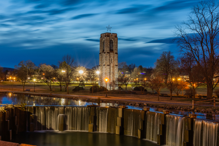 Baker Park in Frederick, MD is a stunning sight during the blue hour. Baker Park during blue hour is a picturesque and serene setting, perfect for a romantic stroll or a peaceful moment of reflection.