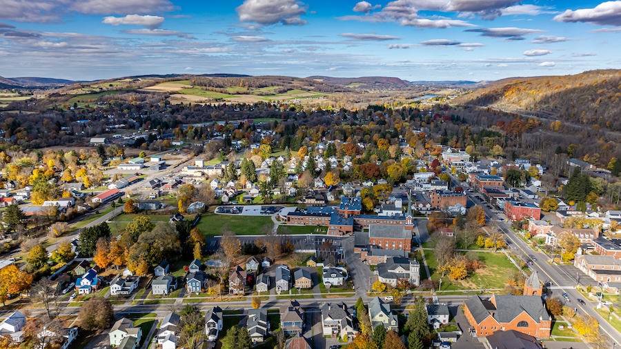Ariel footage of NY town in fall