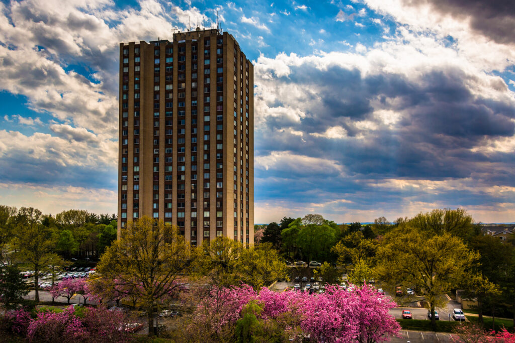 Building and colorful trees in Gaithersburg, Maryland.