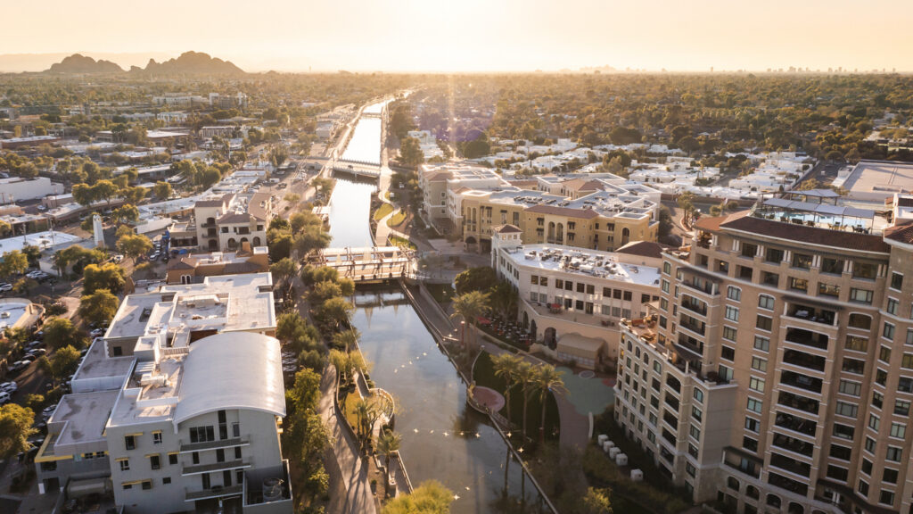 Aerial sunset view of the downtown area of Scottsdale, Arizona, USA.